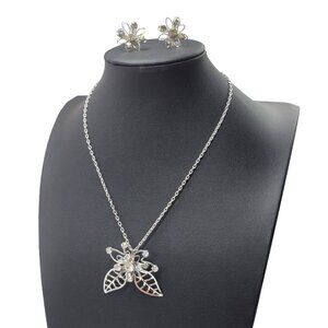 Vtg Signed B N Rhinestone Flower Leaf Necklace Earrings Set Demiparure Brooch Pe